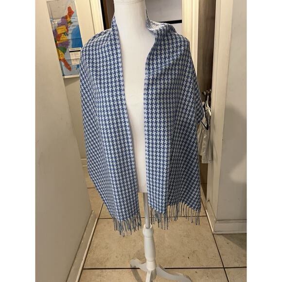 Cashmink V Fraas Blue Houndstooth Fringed Rectangle Scarf 16 X 64 - Picture 1 of 4